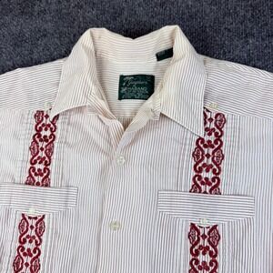 Haband Of Paterson Guayabera Shirt Mens Medium Beige Cotton Striped Embroidered